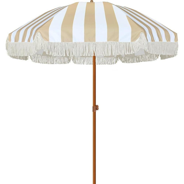 AMMSUN 7ft Patio Umbrella with Fringe Outdoor Tassel Umbrella UPF50+ Premium Steel Pole and Ribs Push Button Tilt, Stripe Beige