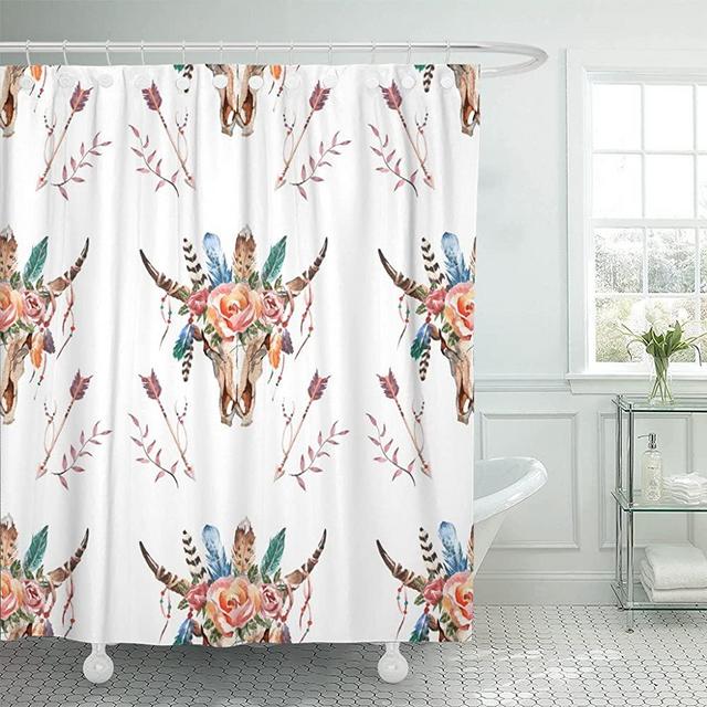 Emvency Shower Curtain Black Abstract Watercolor Boho Aztec Skull with Feathers Flowers Ancient Waterproof Polyester Fabric 72 x 72 inches Set with Hooks
