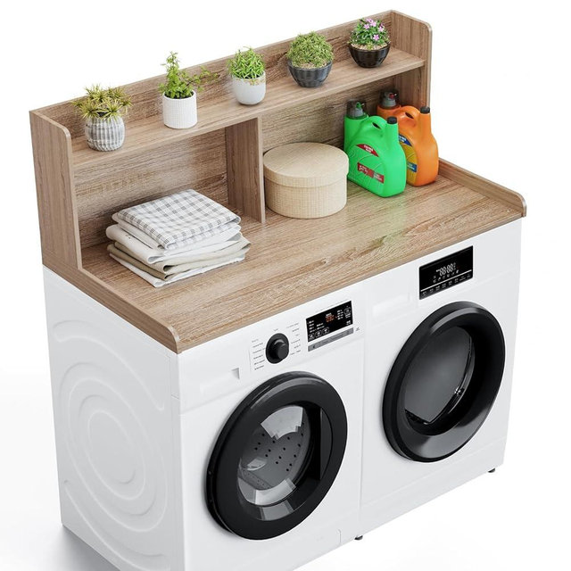 Alfrufy Washer Dryer Countertop with 2 Tier Shelf, 27.5" W × 54" L Laundry Wood Countertop with Edge Rails for Laundry Room Organization and Storage (Oak)