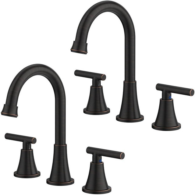 Bathroom Faucets for Sink 3 Hole, Hurran Oil Rubbed Bronze Bathroom Sink Faucet with Pop-up Drain and Supply Lines, Stainless Steel Lead-Free Widespread Faucet for Vanity RV, 2 Pack