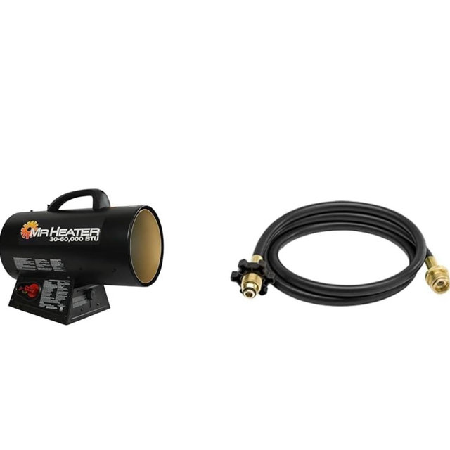 Mr. Heater MH60QFAV 60,000 BTU Portable Propane Forced Air Heater, 19.75 x 11.50 inches, black & Buddy Series Hose Assembly - 10-ft., Model# F273704