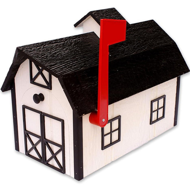 AmishToyBox Deluxe Wooden Mailbox, Dutch Barn Style with Rustic Cupola (White with Black Trim), Amish-Made