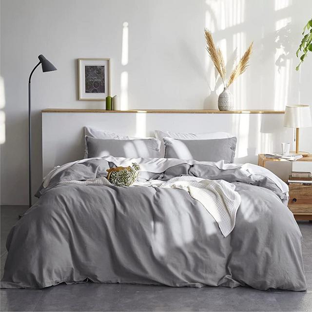 BEDSURE Linen Duvet Cover Queen Linen Cotton Blend Duvet Cover Set - 3 Pieces Comforter Cover Set (Grey,90 x 90 inchs,No Comforter Included)