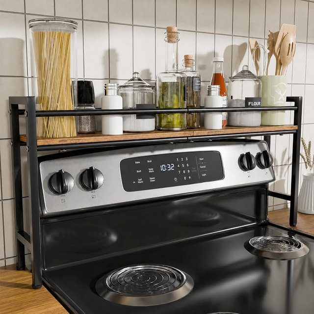 Dimyno Over the Stove Spice Rack, Stove Top Shelf for Kitchen with Extra Countertop Storage, Rustic Wood & Solid Metal Combined Seasoning Organizer, Easy to Assemble, Brown + Black