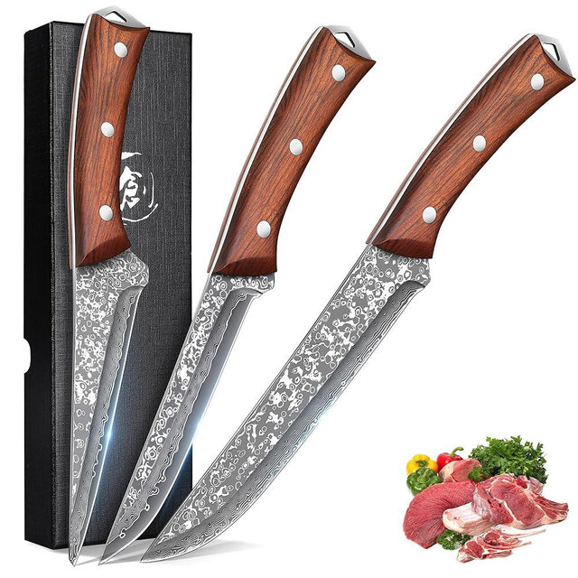 ROCOCO 3PCS Damascus Viking Boning Knife Set for Meat Cutting Deboning Brisket Trimming Fillet knives for Kitchen Camping BBQ Birthday Mothday's Day Gift