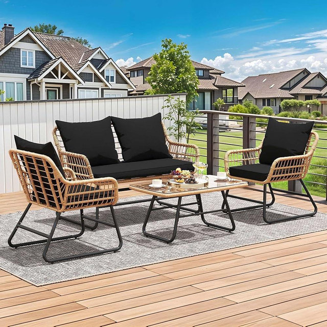 YITAHOME 4-Piece Patio Furniture Wicker Outdoor Bistro Set, All-Weather Rattan Conversation Loveseat Chairs for Backyard, Balcony and Deck with Soft Cushions and Metal Table, Light Brown+Black
