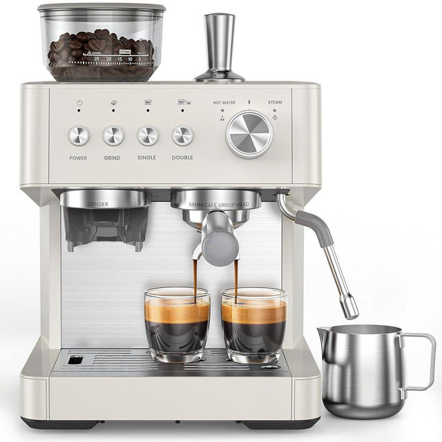 Electactic 20 Bar Espresso Machine with Built-in Anti-Clog Coffee Grinder, Expresso Coffee Machines with Milk Steam Wand/Frother/Tamping Tools,Espresso Maker with Grinder for Lattes-White