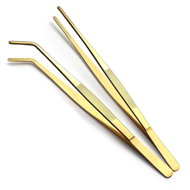Berglander Kitchen Tweezers Tongs 2pcs, 12" Extra-Long Titanium Gold Plating Stainless Steel Metal Heavy Duty Cooking Tweezers for Chef, Serving Food, Grill, Culinary, Pasta, Salad, BBQ