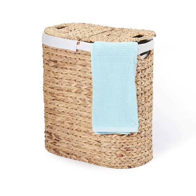 Seville Classics Handwoven Double Lidded Removable Washable Canvas Liner Laundry Sorter Hamper Bin, Oval, Natural Water Hyacinth