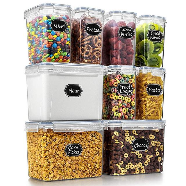 Wildone Food Storage Containers Set of 9 - Airtight Cereal & Dry Food Storage Containers for for Flour, Sugar, Baking Supplies, Grey Lid with 20 Chalkboard Labels & 1 Marker