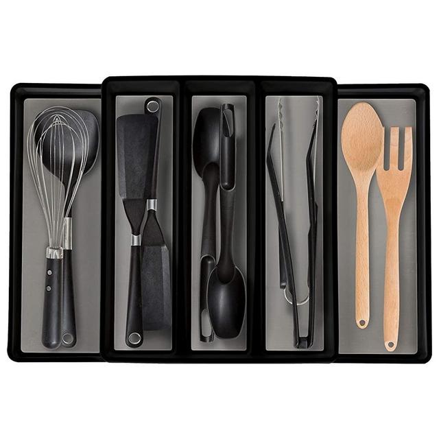 Eltow Expandable Utensil Tray Drawer Organizer - 5-Compartment Kitchen Utensil Holder- Large Plastic In-Drawer Organizer– Multipurpose Adjustable Organizer Tray For Kitchen & Office Supplies - Black