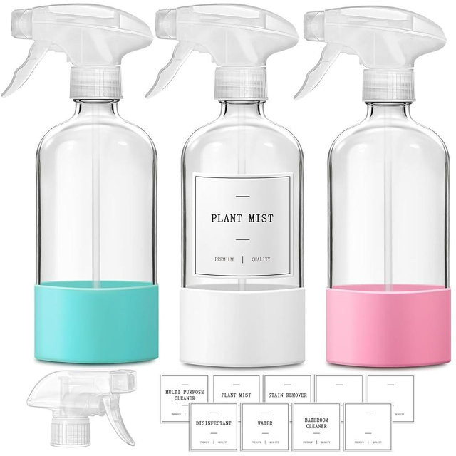 WALKINSTIN Glass Spray Bottles for Cleaning, 3 Pack Clear Empty Spray Bottle for Cleaning Solutions, 17 fl oz Reusable Spray Bottle for Plants with Silicone Boot, Cleaning Spray Containers with Labels