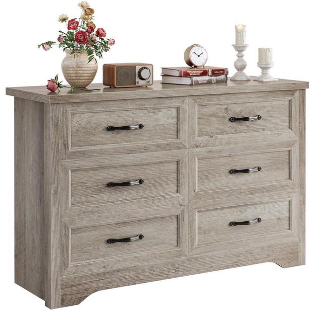 LIKIMIO Dresser for Bedroom, Modern 6 Drawer Double Dresser for Bedroom with Black Handle, Wide Wood Dressers & Chests of Drawers, 6 Drawer Dressers for Hallway, Gray