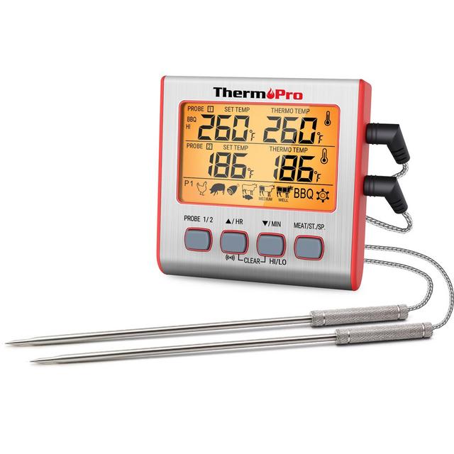 ThermoPro TP17W Digital Meat Thermometer with Dual Probes and Timer Mode Grill Smoker Thermometer with Large LCD Display in Red