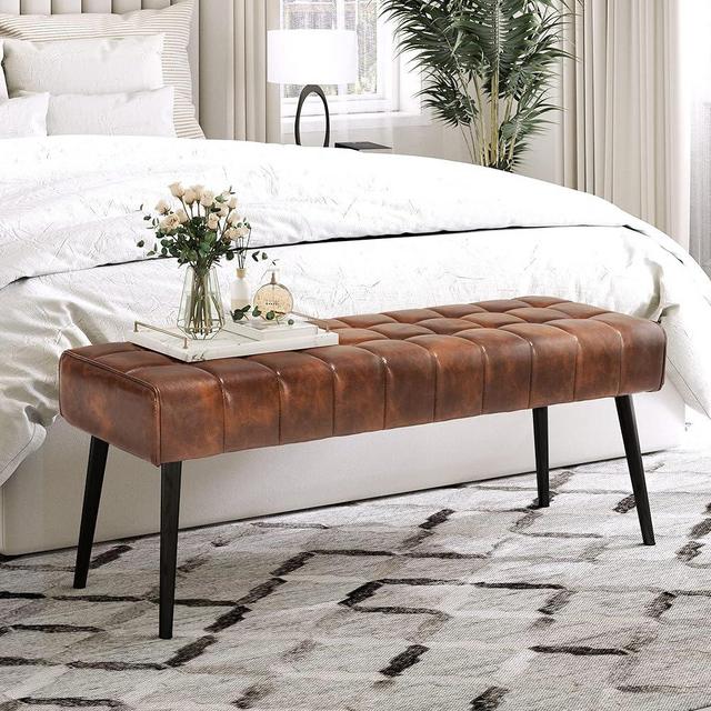 LUE BONA 44.5” Ottoman Bench, Leather Tufted Upholstered Bedroom Bench, Modern Footrest Stool Accent Bench with Metal Legs Storage for Entryway, Dining Room, End of Bed, Foyer, 300LB, Red Brown
