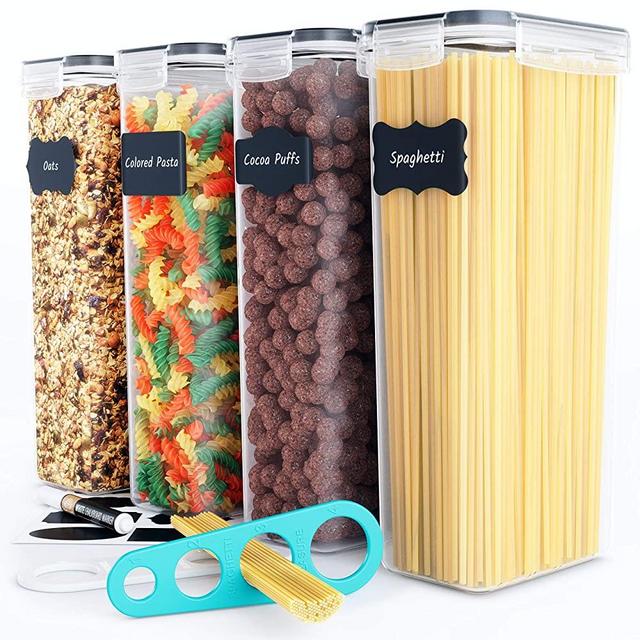 Chef's Path Airtight Tall Food Storage Container Set - Ideal for Spaghetti, Noodles & Pasta - 4 PC/All Same Size - Kitchen & Pantry Organization - Plastic Canisters with Durable Lids (Black)