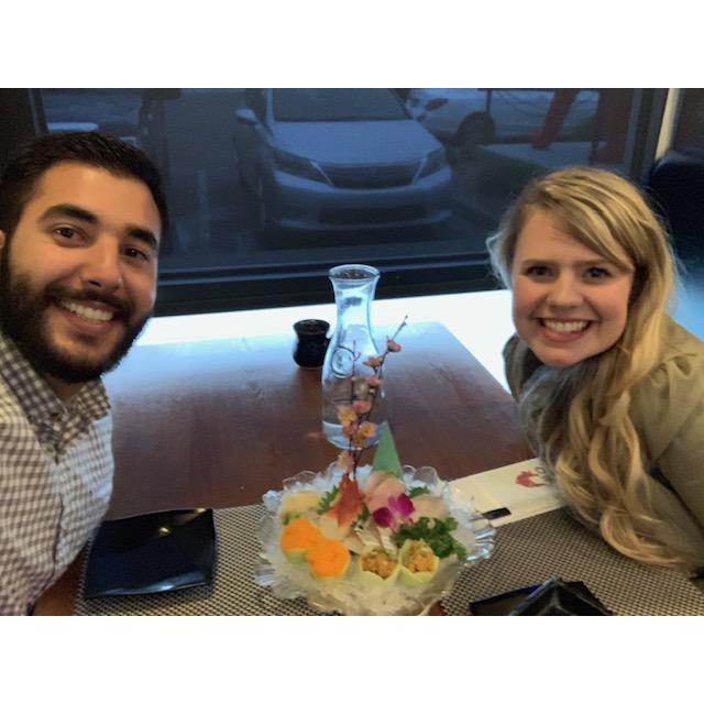 Our first sushi date! After we ate, Katherine said she had to go to  the bathroom. Little did I know that she threw it all up. Needless to say, we only get the cooked fish now! haha