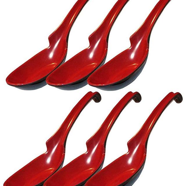 Happy Sales Melamine Soba, Rice Spoons, Chinese Won Ton Soup Spoon, Asian Red and Black, 6 Pack Notch & Hook Style