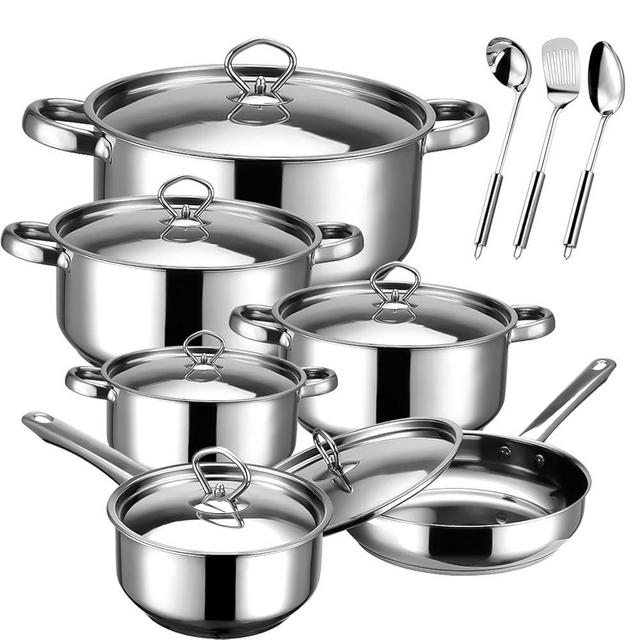 Hunnycook Stainless Steel Cookware Set - 15 Piece Stainless Steel Pots and Pans Set, Includes 6 Pots and Pans, 6 Lids and 3 Utensils, Fixed Handles, Induction Safe and Dishwasher Safe
