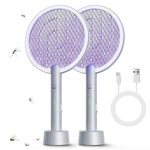 Mosiller Electric Fly Swatter Racket 2 Pack, 2 in 1 Bug Zapper with Type-C Rechargeable Base, 4000V Mosquito Killer with 3-Layer Safety Mesh for Pest Insect Control for Indoor