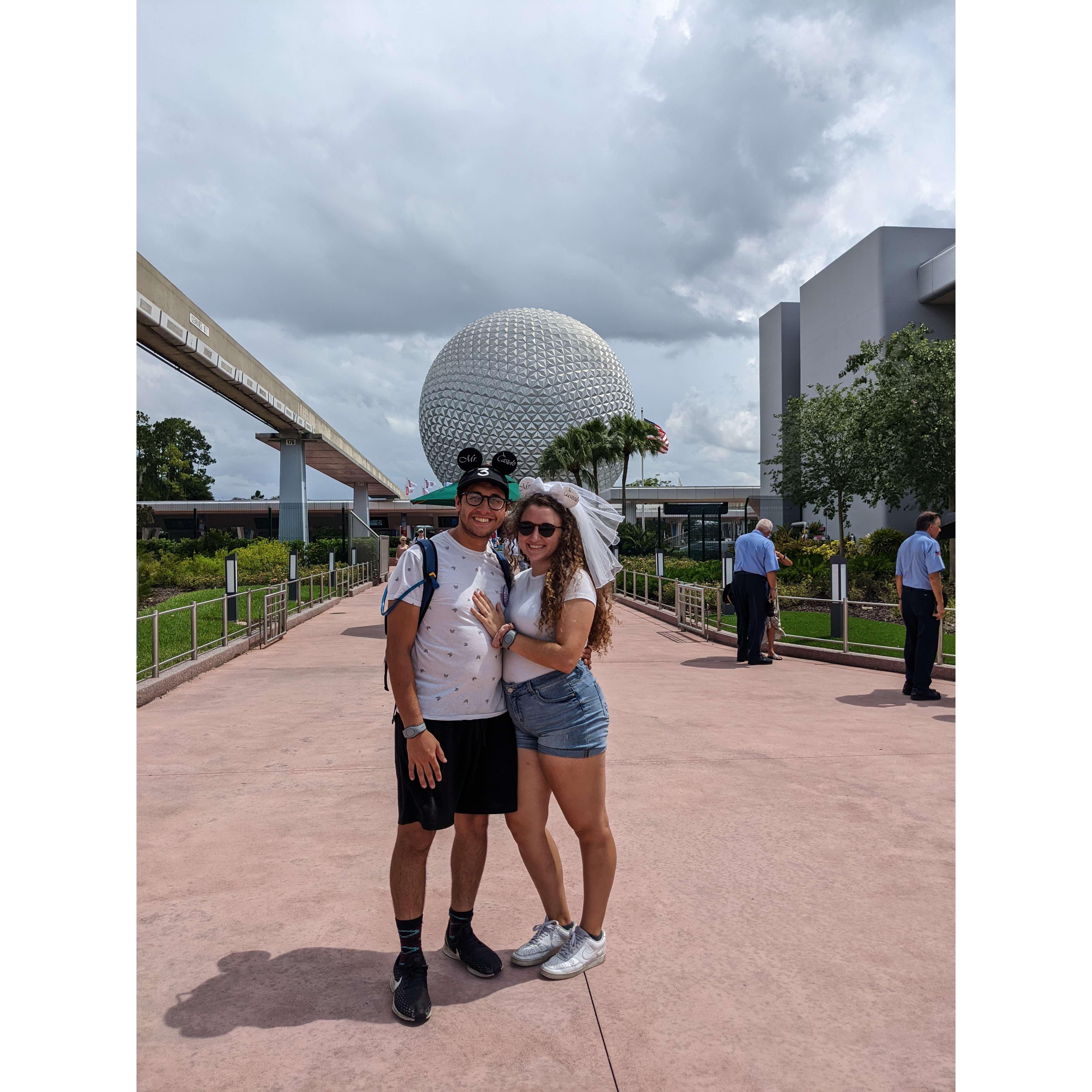 Bride and groom celebrating their engagement in Disney World!