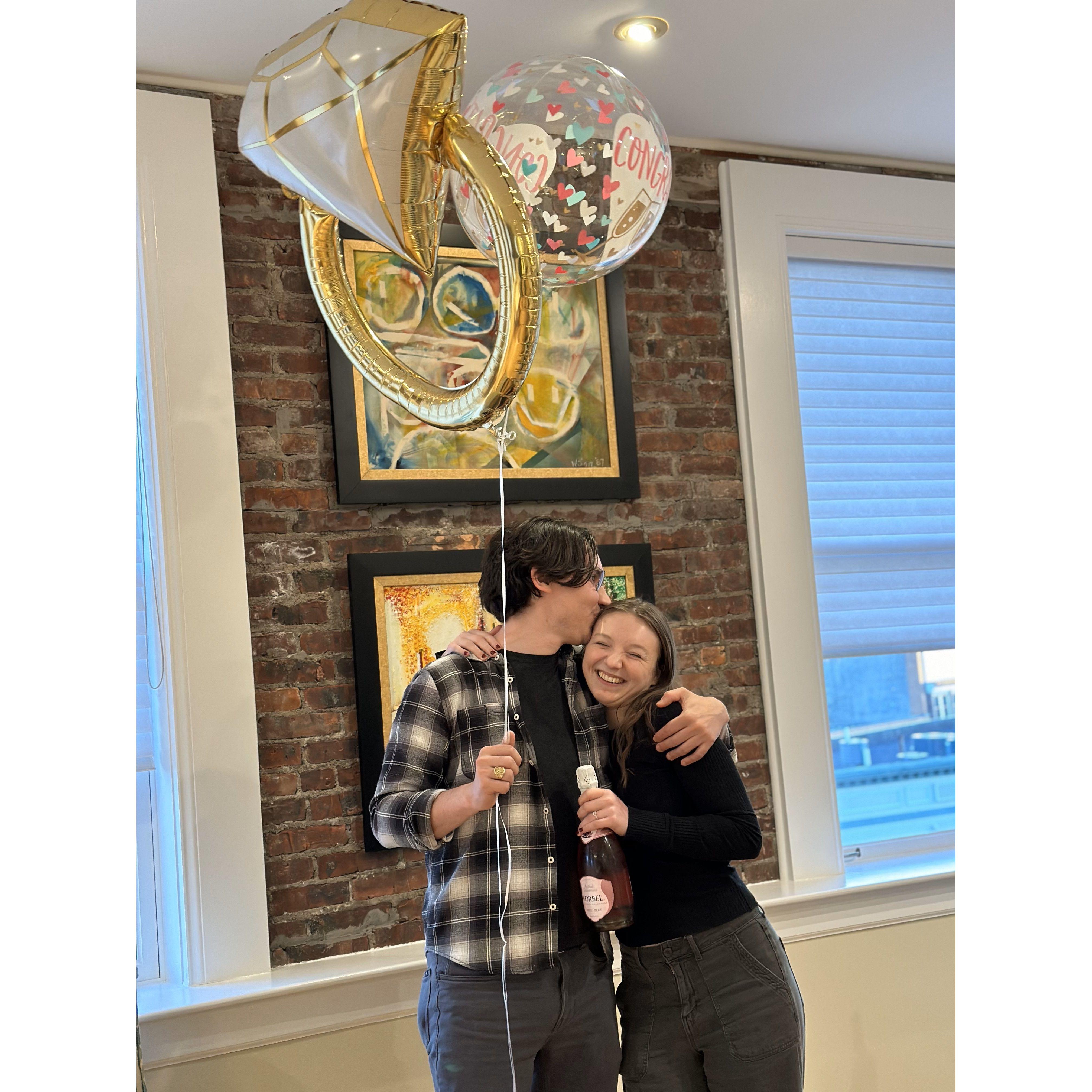 After engagement dinner with Meimei, Grandbob, and the Cohens! They got us these lovely balloons, a cake, and champagne!