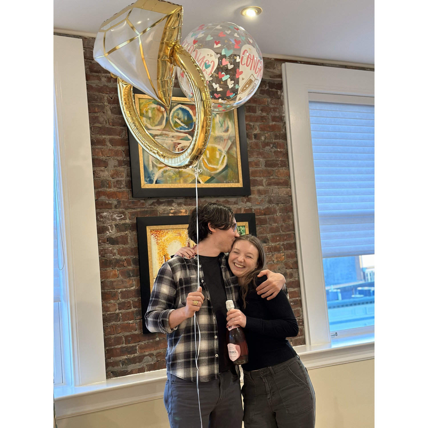 After engagement dinner with Meimei, Grandbob, and the Cohens! They got us these lovely balloons, a cake, and champagne!