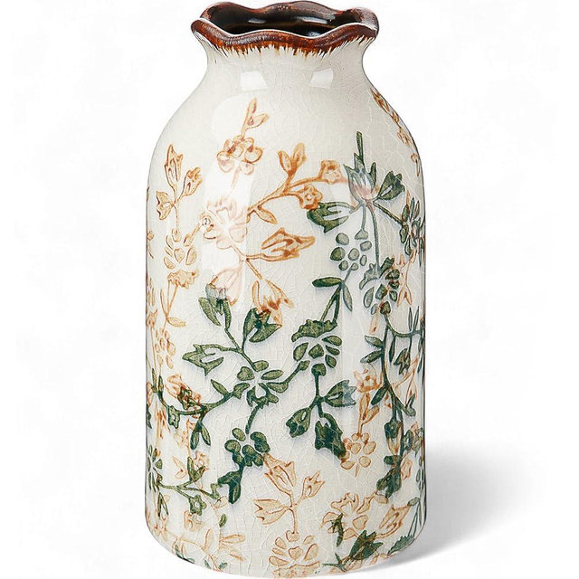 Ninehaoou 1 Pcs Green and Beige Vintage Vase Ceramic Chinoiserie Floral Vase Cracked for Rustic Home Bookshelf Living Room Table Centerpiece Decors (Small)