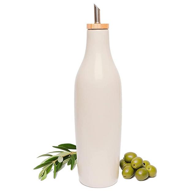 Grace Homewares Olive Oil Dispenser Bottle Stoneware Ceramic for EVOO or Vinegar | Modern Design | Large Capacity 16.9 ounce | Warm Grey