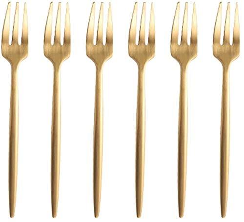 BRIIEC Gold 18/10 Stainles Steel Cake Forks Set 3 Tines Fruit Salad Fork, Slim Cutlery for Kitchen Hotel Restaurant Wedding Party, Matte Finish, Dishwasher Safe, Pack of 6