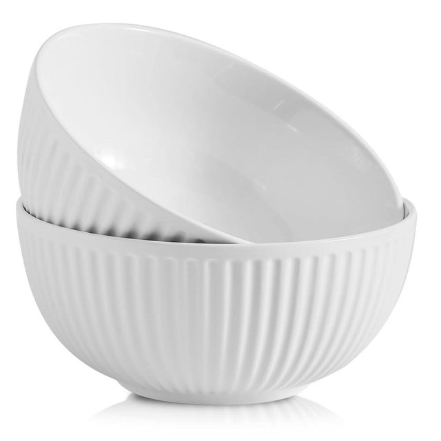 Hasense Large Salad Bowls of 2, Porcelain 65 Oz Serving Bowl 8 Inch for Kitchen Dining,Elegant Ribbed White Ceramic Dishes for Party,Soup,Pho,Pasta,Cereal,Fruit - Dishwasher & Microwave Safe
