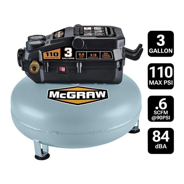 3 Gallon 1/3 HP 110 PSI Oil-Free Pancake Air Compressor