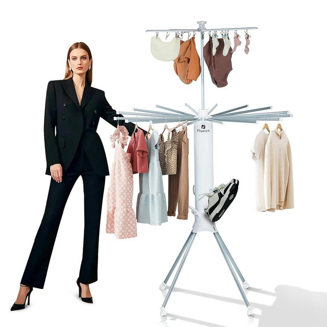 Flueen Clothes Drying Rack 2025 Upgrade 4-Legged 3-Tier Foldable Laundry Rack with 4 Pulleys 20 Clips,6 Shoe Dryers 16Drying Rods for Indoor/Outdoor, Camping, Poolside Space Saving, Whit