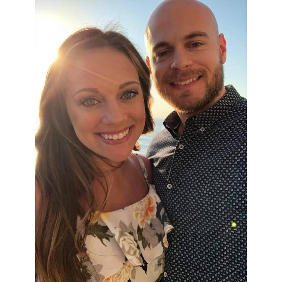 Our first vacation together, on the cruise ship before dinner one night.