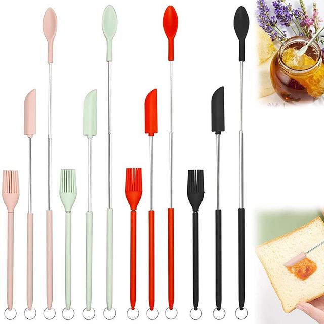 12Pcs Mini Telescopic Spatula Spoon and Brush, Portable Silicone Spatula Set Mini Silicone Telescopic Spatula, Retractable Mini Makeup Spatula with Hanging Buckle for Kitchen Bottle Jar (4 Colors)