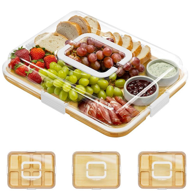 SpaceAid Charcuterie Board with Clear Lid, Portable Travel Cheese Cutting Boards for Picnic Accessories, Bamboo Serving Tray with Lids, House Warming Gifts, White Handles, 1 Compartments