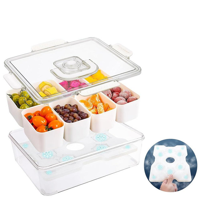 Chilled Serving Tray, Snackle Box Container with Handle, Fruit Platter Tray for Parties, Chilled Condiment Server with Lid, 8 Compartment Snack Container, for Fruits, Veggies,Snacks, Keep Food Cold