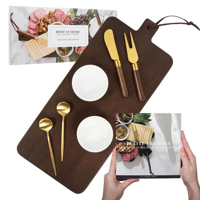 The Bamboo Abode 7 Piece Brown Cheese Board Set with Charcuterie Accessories, Unique for Women, Housewarming Gift