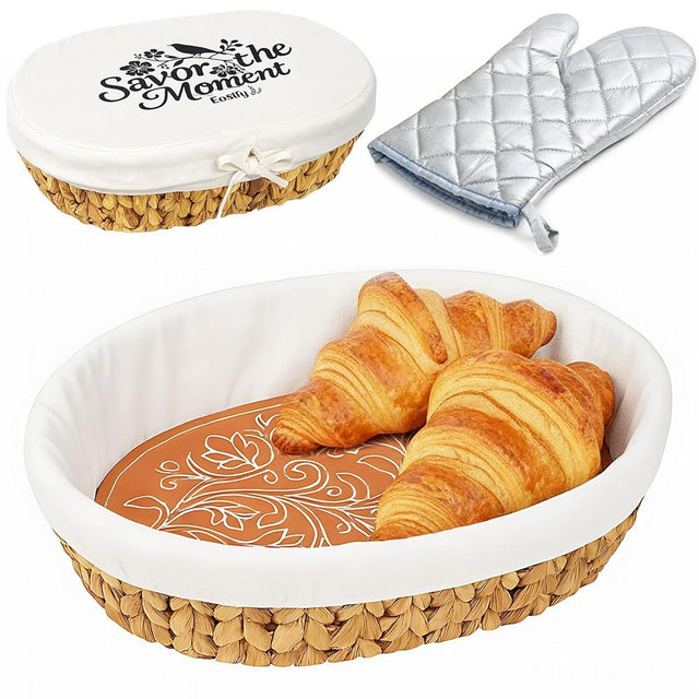 Bread Baskets for Serving with Stone (Large Oval 13.8 x 9.5) - Bread Basket with Warming Stone for Rolls & Tortillas, Gift for Bakers, Sourdough Lovers, Hostess, New Homeowner
