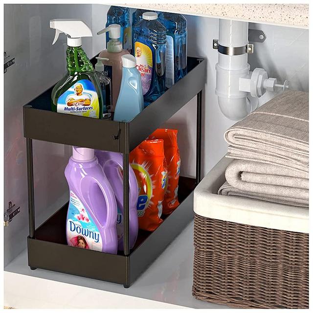 Under Sink Organizer, Under Bathroom Cabinet Storage 2 Tier Under Sink Storage Rack with 6 Hooks, Under Cabinet Organizer Baskets, Multi-purpose Under Sink Shelf Organizer for Bathroom Kitchen (Black)