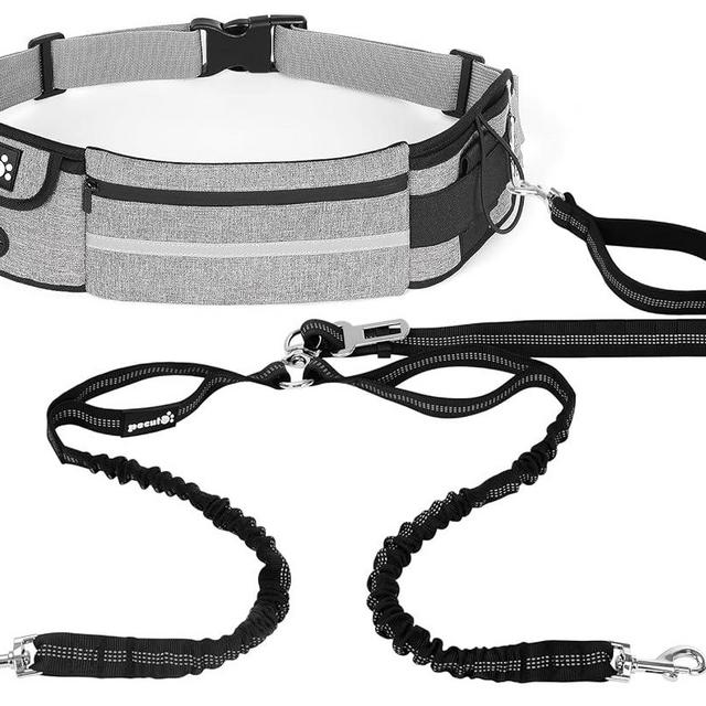 Pecute Hands Free Dog Leash 2 Dogs, Waist Belt Fanny Pack with Soft Padded, Dual Dog Leash with Pouch, 3 Padded Handles, Durable Bungee, Double Dog Leash for Running Walking Hiking Jogging Biking