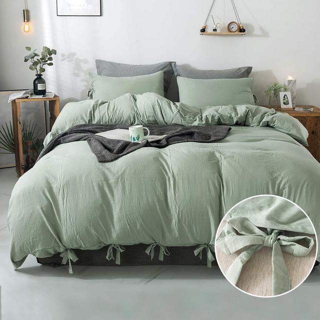 annadaif Butterfly Dark Sea Green Duvet Cover Queen，3 Pieces Soft Washed Cotton Bowknot Duvet Cover Set, Easy Care Bedding Set for Men, Women