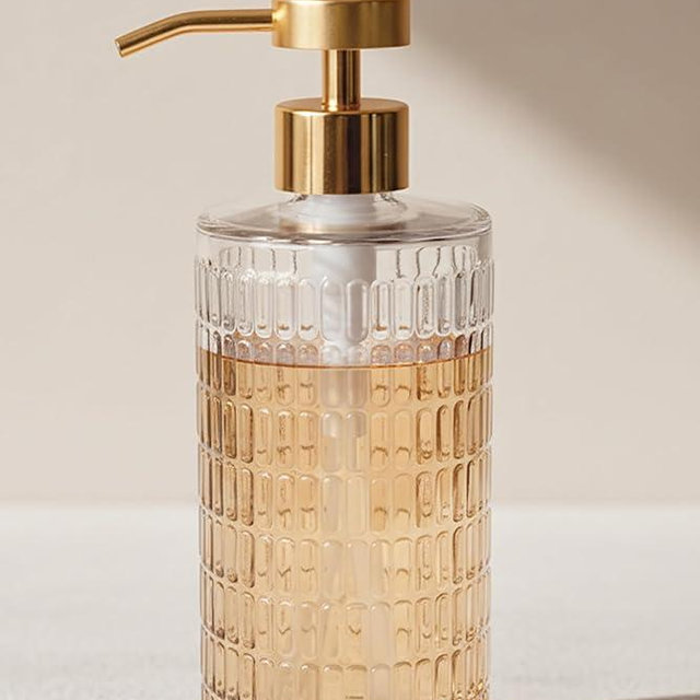 Elegant Fluted Glass Soap Dispenser with Stainless Steel Pump, 17oz Vintage Art Deco Style Clear Ribbed Glass Bottle for Bathroom, Dish Soap Dispenser for Kitchen (Gold Pump)
