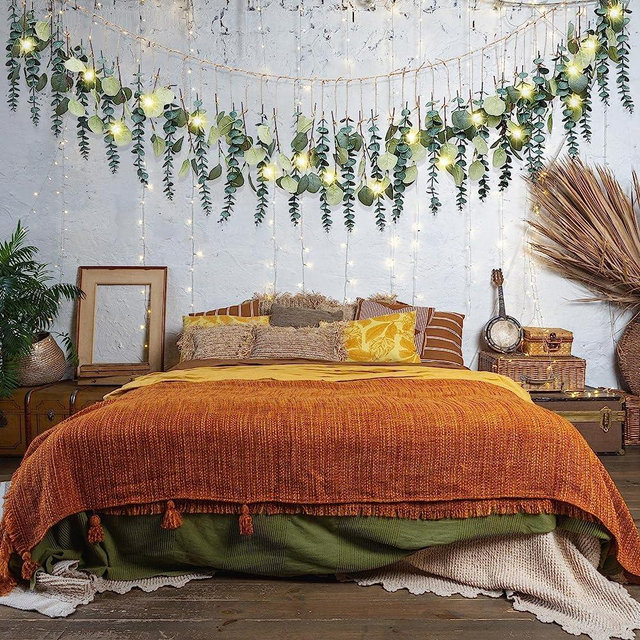 Juexica Artificial Eucalyptus Wall Hanging Decor with LED Light Greenery Decor Modern Bedroom Wall Decor Farmhouse Boho Nursery Green