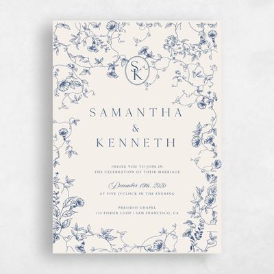 Blue Floral Wedding Invitation - Plumeria Portrait