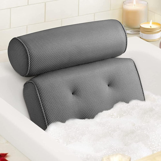 LuxStep Bath Pillow Bathtub Pillow With 6 Non-Slip Suction Cups,15x14 Inch, Extra Thick and Soft Air Mesh Pillow for Bath - Fits All Bathtub, Grey