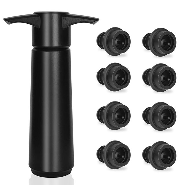 Philorn Wine Saver Pump with 8 Vacuum Stoppers, Wine Stopper, Wine Preserver, Wine Pump and Wine Vacuum Stopper, Reusable Bottle Sealer Keeps Wine Fresh for Kitchen Office Home Party, Black
