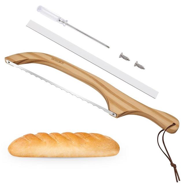 Bread Knife for Homemade Bread,Sourdough bread knife,15.7" Bread slicer for Homemade Bread, Baguettes and More Cuts Thin,Bow Design Easy to Cutting Even Slices (1, Natural wood)