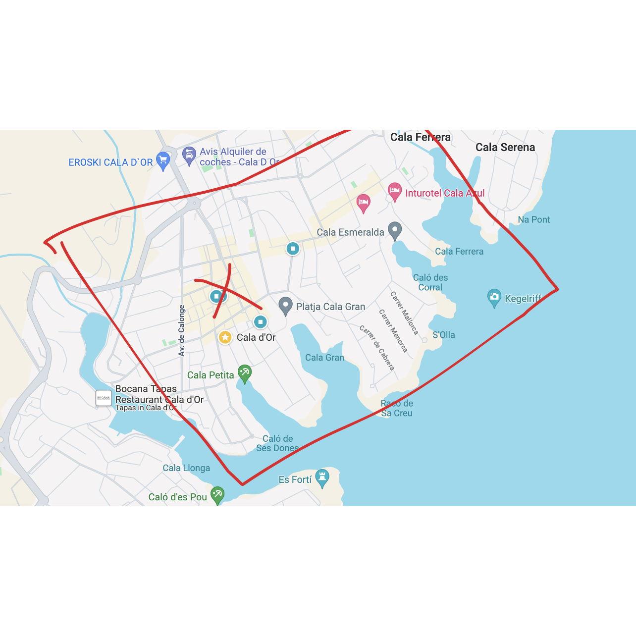 We reccommend staying in a hotel located anywhere in the red box. The part marked 'X' is the strip of main bars and restaurants. Anywhere located within the red box is very central in Cala D'Or.
