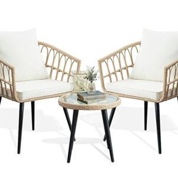 3 Piece Patio Bistro Set, Outdoor Wicker Apartment Balcony Furniture Sets, Rattan Table and Chairs Set of 2 for Porch Backyard Lawn Poolside Deck, Beige